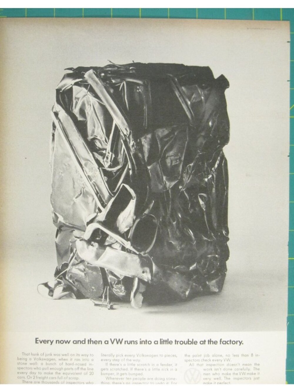 Print Ad Volkswagen Factory Inspection Process Crushed Car Quality Control 1960s